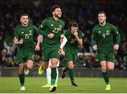 14 November 2019; Derrick Williams, centre, of Republic of Ireland celebrates after scoring his side's first goal with team-mates Troy Parrott, left, and Kevin Long during the 3 International Friendly match between Republic of Ireland and New Zealand at the Aviva Stadium in Dublin. Photo by Stephen McCarthy/Sportsfile