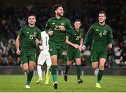 14 November 2019; Derrick Williams, centre, of Republic of Ireland celebrates after scoring his side's first goal with team-mates Troy Parrott, left, and Kevin Long during the 3 International Friendly match between Republic of Ireland and New Zealand at the Aviva Stadium in Dublin. Photo by Stephen McCarthy/Sportsfile