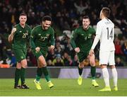 14 November 2019; Derrick Williams, centre, of Republic of Ireland celebrates after scoring his side's first goal with team-mates Ciaran Clark, left, and Kevin Long during the 3 International Friendly match between Republic of Ireland and New Zealand at the Aviva Stadium in Dublin. Photo by Stephen McCarthy/Sportsfile