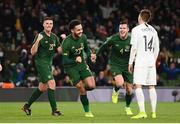 14 November 2019; Derrick Williams, centre, of Republic of Ireland celebrates after scoring his side's first goal with team-mates Ciaran Clark, left, and Kevin Long during the 3 International Friendly match between Republic of Ireland and New Zealand at the Aviva Stadium in Dublin. Photo by Stephen McCarthy/Sportsfile