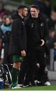 14 November 2019; Troy Parrott of Republic of Ireland is congratulated by assistant coach Robbie Keane after he was substituted in the second half during the 3 International Friendly match between Republic of Ireland and New Zealand at the Aviva Stadium in Dublin. Photo by Stephen McCarthy/Sportsfile