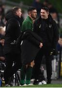 14 November 2019; Troy Parrott of Republic of Ireland is congratulated by assistant coach Robbie Keane after he was substituted in the second half  during the 3 International Friendly match between Republic of Ireland and New Zealand at the Aviva Stadium in Dublin. Photo by Stephen McCarthy/Sportsfile