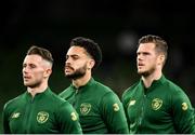 14 November 2019; Derrick Williams of Republic of Ireland, centre, with team-mates Alan Browne, left, and Kevin Long during the national anthem prior to the International Friendly match between Republic of Ireland and New Zealand at the Aviva Stadium in Dublin. Photo by Seb Daly/Sportsfile