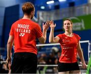 15 November 2019; Chloe Magee and Sam Magee of Ireland congratulate each other following victory over Mathias Thyrri and Mai Surrow of Denmark during their mixed doubles quarter-final match of the AIG FZ Forza Irish Open Badminton Championships at the National Indoor Arena in Abbotstown, Dublin. Photo by Seb Daly/Sportsfile