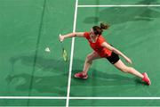 15 November 2019; Chloe Magee of Ireland in action against Mathias Thyrri and Mai Surrow of Denmark during her mixed doubles quarter-final match of the AIG FZ Forza Irish Open Badminton Championships at the National Indoor Arena in Abbotstown, Dublin. Photo by Seb Daly/Sportsfile
