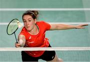 15 November 2019; Chloe Magee of Ireland in action against Mathias Thyrri and Mai Surrow of Denmark during her mixed doubles quarter-final match of the AIG FZ Forza Irish Open Badminton Championships at the National Indoor Arena in Abbotstown, Dublin. Photo by Seb Daly/Sportsfile