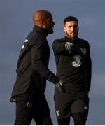 15 November 2019; Matt Doherty and David McGoldrick, left, during a Republic of Ireland training session at the FAI National Training Centre in Abbotstown, Dublin. Photo by Stephen McCarthy/Sportsfile