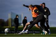 15 November 2019; James McClean is tackled by David McGoldrick during a Republic of Ireland training session at the FAI National Training Centre in Abbotstown, Dublin. Photo by Stephen McCarthy/Sportsfile