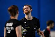 15 November 2019; Sam Magee of Ireland reacts after losing a point during his mixed doubles semi-final match against Anne Tran and Ronan Labar of France at the AIG FZ Forza Irish Open Badminton Championships at the National Indoor Arena in Abbotstown, Dublin. Photo by Seb Daly/Sportsfile