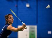 15 November 2019; Anna Tran of France in action during her mixed doubles semi-final match against Chloe Magee and Sam Magee of Ireland at the AIG FZ Forza Irish Open Badminton Championships at the National Indoor Arena in Abbotstown, Dublin. Photo by Seb Daly/Sportsfile