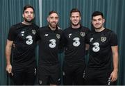 15 November 2019; Richard Keogh on his arrival into the Republic of Ireland team hotel, with team-mates, from left, Shane Duffy, Kevin Long and John Egan, in advance of their UEFA EURO2020 Qualifier against Denmark, on Monday at the Aviva Stadium in Dublin. Photo by Stephen McCarthy/Sportsfile