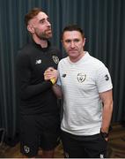 15 November 2019; Richard Keogh on his arrival into the Republic of Ireland team hotel with assistant coach Robbie Keane in advance of their UEFA EURO2020 Qualifier against Denmark, on Monday at the Aviva Stadium in Dublin. Photo by Stephen McCarthy/Sportsfile