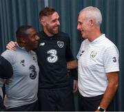 15 November 2019; Richard Keogh on his arrival into the Republic of Ireland team hotel with Republic of Ireland manager Mick McCarthy, right, and assistant manager Terry Connor, left, in advance of their UEFA EURO2020 Qualifier against Denmark, on Monday at the Aviva Stadium in Dublin. Photo by Stephen McCarthy/Sportsfile