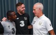15 November 2019; Richard Keogh on his arrival into the Republic of Ireland team hotel with Republic of Ireland manager Mick McCarthy, right, and assistant manager Terry Connor, left, in advance of their UEFA EURO2020 Qualifier against Denmark, on Monday at the Aviva Stadium in Dublin. Photo by Stephen McCarthy/Sportsfile