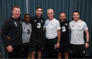 15 November 2019; Richard Keogh on his arrival into the Republic of Ireland team hotel with Republic of Ireland staff, from left, goalkeeping coach Alan Kelly, assistant manager Terry Connor, manager Mick McCarthy, fitness coach Andy Liddle and assistant coach Robbie Keane in advance of their UEFA EURO2020 Qualifier against Denmark, on Monday at the Aviva Stadium in Dublin. Photo by Stephen McCarthy/Sportsfile