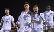 15 November 2019; Ben McCormack of Republic of Ireland, 10, celebrates after scoring his side's first goal with team-mates, from left, Gavin Liam O'Brien, Kyle Martin-Conway, and Sinclair Armstrong during the Under-17 UEFA European Championship Qualifier match between Republic of Ireland and Montenegro at Turner's Cross in Cork.. Photo by Piaras Ó Mídheach/Sportsfile