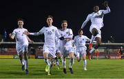 15 November 2019; Ben McCormack of Republic of Ireland, 10, celebrates after scoring his side's first goal with team-mates, from left, Gavin Liam O'Brien, Kyle Martin-Conway, Robert Mahon and Sinclair Armstrong during the Under-17 UEFA European Championship Qualifier match between Republic of Ireland and Montenegro at Turner's Cross in Cork.. Photo by Piaras Ó Mídheach/Sportsfile