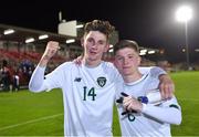 15 November 2019; Republic of Ireland players Oliver O'Neill, left, and Kyle Martin-Conway celebrate after the Under-17 UEFA European Championship Qualifier match between Republic of Ireland and Montenegro at Turner's Cross in Cork. Photo by Piaras Ó Mídheach/Sportsfile