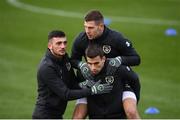 16 November 2019; Troy Parrott, left, James Collins and Seamus Coleman during a Republic of Ireland training session at the FAI National Training Centre in Abbotstown, Dublin. Photo by Stephen McCarthy/Sportsfile