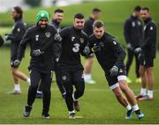 16 November 2019; David McGoldrick, left, Enda Stevens and James Collins during a Republic of Ireland training session at the FAI National Training Centre in Abbotstown, Dublin. Photo by Stephen McCarthy/Sportsfile