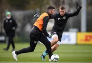 16 November 2019; Troy Parrott, left, and James Collins during a Republic of Ireland training session at the FAI National Training Centre in Abbotstown, Dublin. Photo by Stephen McCarthy/Sportsfile