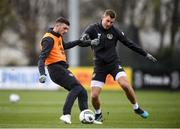 16 November 2019; Troy Parrott, left, and James Collins during a Republic of Ireland training session at the FAI National Training Centre in Abbotstown, Dublin. Photo by Stephen McCarthy/Sportsfile