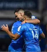 16 November 2019; Jonathan Sexton of Leinster celebrates with Jordan Larmour, left, and Dave Kearney of Leinster after scoring his side's fourth try during the Heineken Champions Cup Pool 1 Round 1 match between Leinster and Benetton at the RDS Arena in Dublin. Photo by Sam Barnes/Sportsfile