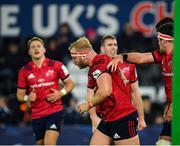 16 November 2019; Jeremy Loughman of Munster, centre, is congratulated by team-mates after scoring his side's first try during the Heineken Champions Cup Pool 4 Round 1 match between Ospreys and Munster at Liberty Stadium in Swansea, Wales. Photo by Seb Daly/Sportsfile