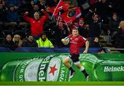 16 November 2019; Andrew Conway of Munster on his way to scoring his side's third try during the Heineken Champions Cup Pool 4 Round 1 match between Ospreys and Munster at Liberty Stadium in Swansea, Wales. Photo by Seb Daly/Sportsfile