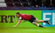 16 November 2019; Andrew Conway of Munster dives over to score his side's third try during the Heineken Champions Cup Pool 4 Round 1 match between Ospreys and Munster at Liberty Stadium in Swansea, Wales. Photo by Seb Daly/Sportsfile