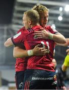 16 November 2019; Keith Earls of Munster, 11, is congratulated by team-mate Mike Haley after scoring his side's second try during the Heineken Champions Cup Pool 4 Round 1 match between Ospreys and Munster at Liberty Stadium in Swansea, Wales. Photo by Seb Daly/Sportsfile