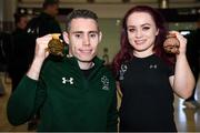 16 November 2019; T13 100m gold medalist Jason Smyth, from Derry, and F41 Discus bronze medalist Niamh McCarthy, from Carrigaline, Cork, at Dublin Airport on Team Ireland's return from the World Para Athletics Championships 2019, held in Dubai. Photo by Stephen McCarthy/Sportsfile