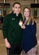16 November 2019; T13 100m gold medalist Jason Smyth, from Derry, is greeted by his wife Elise, at Dublin Airport on Team Ireland's return from the World Para Athletics Championships 2019, held in Dubai. Photo by Stephen McCarthy/Sportsfile