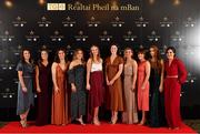 16 November 2019; Dublin footballers, from left, Sinéad Aherne, Éabha Rutledge, Niamh Collins, Aoife Kane, Ciara Trant, Olwen Carey, Martha Byrne, Siobhán McGrath, Lauren Magee, and Lyndsey Davey, upon arrival at the TG4 All-Ireland Ladies Football All Stars Awards banquet, in association with Lidl at the Citywest Hotel in Saggart, Dublin. Photo by Brendan Moran/Sportsfile
