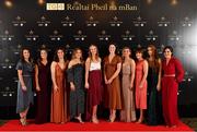 16 November 2019; Dublin footballers, from left, Sinéad Aherne, Éabha Rutledge, Niamh Collins, Aoife Kane, Ciara Trant, Olwen Carey, Martha Byrne, Siobhán McGrath, Lauren Magee, and Lyndsey Davey, upon arrival at the TG4 All-Ireland Ladies Football All Stars Awards banquet, in association with Lidl at the Citywest Hotel in Saggart, Dublin. Photo by Brendan Moran/Sportsfile