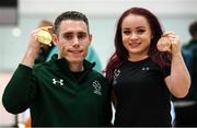 16 November 2019; T13 100m gold medalist Jason Smyth, from Derry, and F41 Discus bronze medalist Niamh McCarthy, from Carrigaline, Cork, at Dublin Airport on Team Ireland's return from the World Para Athletics Championships 2019, held in Dubai. Photo by Stephen McCarthy/Sportsfile