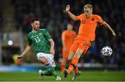 16 November 2019; Corry Evans of Northern Ireland in action against Donny van de Beek of Netherlands during the UEFA EURO2020 Qualifier - Group C match between Northern Ireland and Netherlands at the National Football Stadium at Windsor Park in Belfast. Photo by David Fitzgerald/Sportsfile