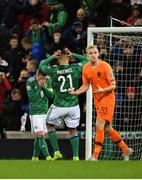 16 November 2019; Steven Davis of Northern Ireland reacts after missing a penalty during the UEFA EURO2020 Qualifier - Group C match between Northern Ireland and Netherlands at the National Football Stadium at Windsor Park in Belfast. Photo by David Fitzgerald/Sportsfile