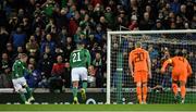 16 November 2019; Steven Davis of Northern Ireland takes a penalty which is subsequently missed during the UEFA EURO2020 Qualifier - Group C match between Northern Ireland and Netherlands at the National Football Stadium at Windsor Park in Belfast. Photo by David Fitzgerald/Sportsfile