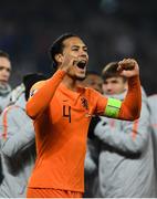 16 November 2019; Virgil van Dijk of Netherlands celebrates following the UEFA EURO2020 Qualifier - Group C match between Northern Ireland and Netherlands at the National Football Stadium at Windsor Park in Belfast. Photo by David Fitzgerald/Sportsfile