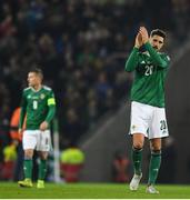 16 November 2019; Craig Cathcart of Northern Ireland applauds the support following the UEFA EURO2020 Qualifier - Group C match between Northern Ireland and Netherlands at the National Football Stadium at Windsor Park in Belfast. Photo by David Fitzgerald/Sportsfile