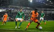 16 November 2019; Quincy Promes of Netherlands in action against Craig Cathcart of Northern Ireland during the UEFA EURO2020 Qualifier - Group C match between Northern Ireland and Netherlands at the National Football Stadium at Windsor Park in Belfast. Photo by David Fitzgerald/Sportsfile