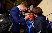 16 November 2019; Josh van der Flier of Leinster with Leinster supporter Jennifer Malone during a supporter meet and greet following the Heineken Champions Cup Pool 1 Round 1 match between Leinster and Benetton at the RDS Arena in Dublin. Photo by Sam Barnes/Sportsfile