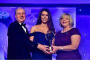 16 November 2019; Galway footballer Ellen Power is presented with the Connacht Young Player of the Year award by Ard Stiúrthóir TG4, Alan Esslemont and President of LGFA Marie Hickey during the TG4 Ladies Football All-Star Awards banquet, in association with Lidl, at the CityWest Hotel in Saggart, Co Dublin. Photo by Brendan Moran/Sportsfile