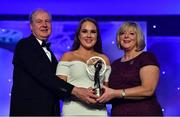 16 November 2019; Cavan footballer Saoirse Kiernan is presented with the Ulster Young Player of the Year award by Ard Stiúrthóir TG4, Alan Esslemont and President of LGFA Marie Hickey during the TG4 Ladies Football All-Star Awards banquet, in association with Lidl, at the CityWest Hotel in Saggart, Co Dublin. Photo by Brendan Moran/Sportsfile