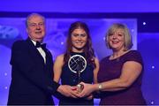 16 November 2019; Meath footballer Ciara Smyth is presented with the Leinster Young Player of the Year award by Ard Stiúrthóir TG4, Alan Esslemont and President of LGFA Marie Hickey during the TG4 Ladies Football All-Star Awards banquet, in association with Lidl, at the CityWest Hotel in Saggart, Co Dublin. Photo by Brendan Moran/Sportsfile