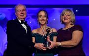 16 November 2019; Cork footballer Eimear O'Donovan is presented with the Munster Young Player of the Year award by Ard Stiúrthóir TG4, Alan Esslemont and President of LGFA Marie Hickey during the TG4 Ladies Football All-Star Awards banquet, in association with Lidl, at the CityWest Hotel in Saggart, Co Dublin. Photo by Brendan Moran/Sportsfile