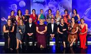 16 November 2019; The TG4 All Star team, back row, from left, Melissa Duggan of Cork, Niamh Collins of Dublin, Carla Rowe of Dublin, Lyndsey Davey of Dublin, Tracey Leonard of Galway, Rachel Kearns of Mayo, Orla Finn of Cork, Siobhan McGrath of Dublin and Nicola Ward of Galway, with front, from left, Monica McGuirk of Meath, Sinead Burke of Galway, Ard Stiúrthóir TG4 Alan Esslemont, LGFA President Marie Hickey, MD Lidl Ireland JP Scally, LGFA CEO Helen O'Rourke, Olwen Carey of Dublin and Louise Ward of Galway, during the TG4 All-Ireland Ladies Football All Stars Awards banquet, in association with Lidl, at the Citywest Hotel in Saggart, Dublin. Photo by Brendan Moran/Sportsfile