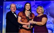 16 November 2019; Olwen Carey of Dublin is presented with her TG4 All Star award by Ard Stiúrthóir TG4, Alan Esslemont and President of LGFA Marie Hickey during the TG4 All-Ireland Ladies Football All Stars Awards banquet, in association with Lidl, at the Citywest Hotel in Saggart, Dublin. Photo by Brendan Moran/Sportsfile