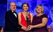 16 November 2019; Louise Ward of Galway is presented with her TG4 All Star award by Ard Stiúrthóir TG4, Alan Esslemont and President of LGFA Marie Hickey during the TG4 All-Ireland Ladies Football All Stars Awards banquet, in association with Lidl, at the Citywest Hotel in Saggart, Dublin. Photo by Brendan Moran/Sportsfile